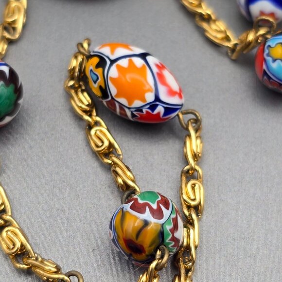 VTG Venetian Murano Millefiori Glass Beaded Station Necklace 31" Gold Plated - Picture 3 of 11